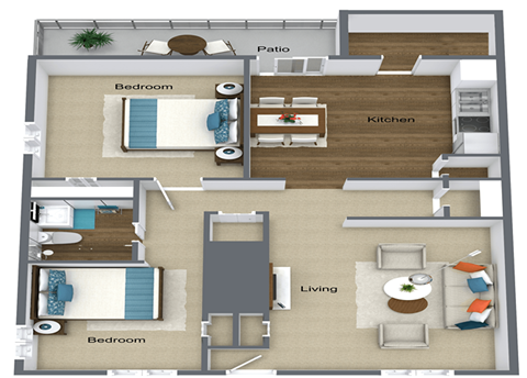 Floor plan for 2 beds, 1 bath, 850 sqft